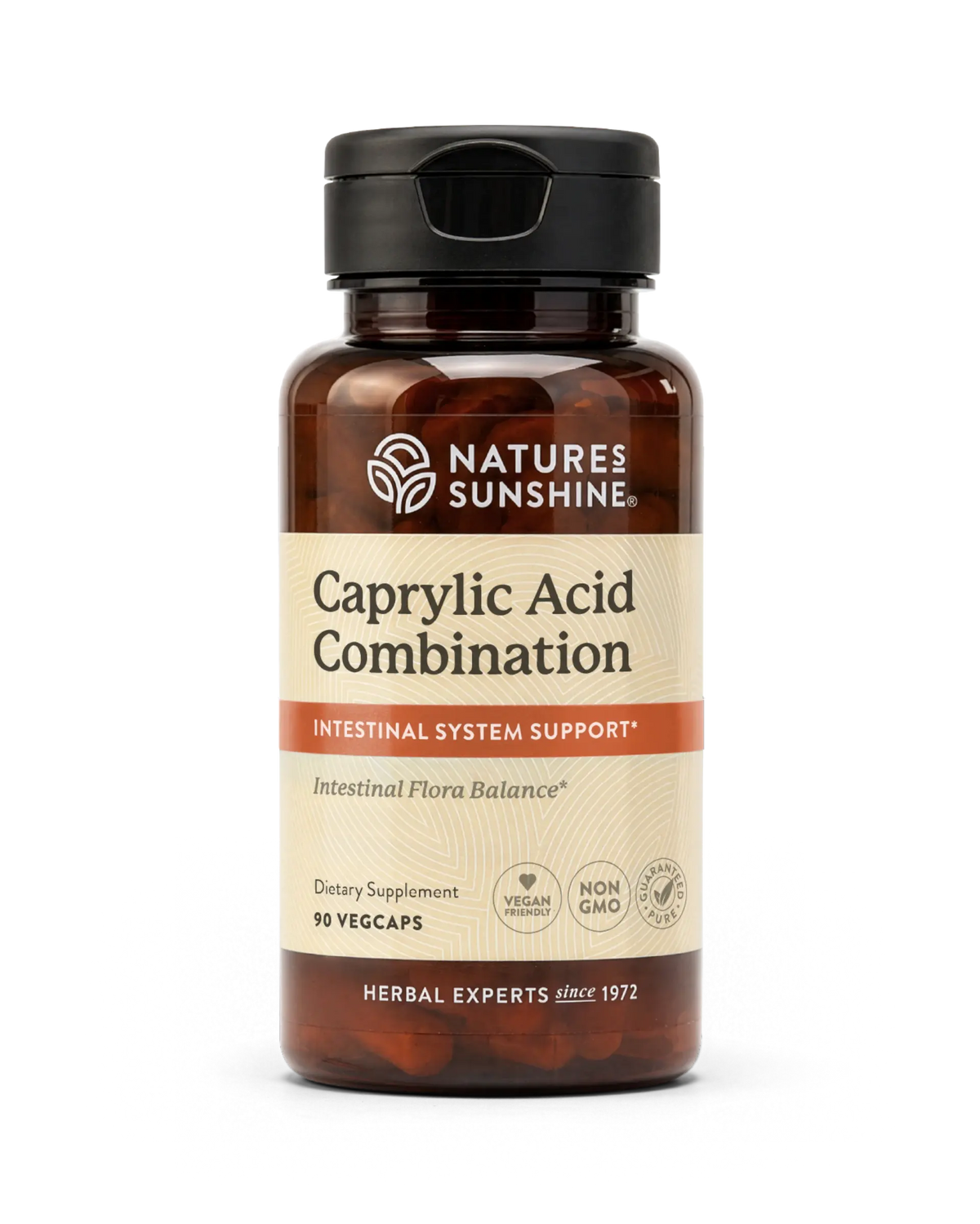 Nature's Sunshine Caprylic Acid Combination dietary supplement bottle, containing 90 vegcaps, on a clean white background.