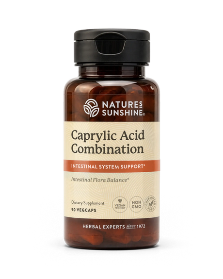 Nature's Sunshine Caprylic Acid Combination dietary supplement bottle, containing 90 vegcaps, on a clean white background.