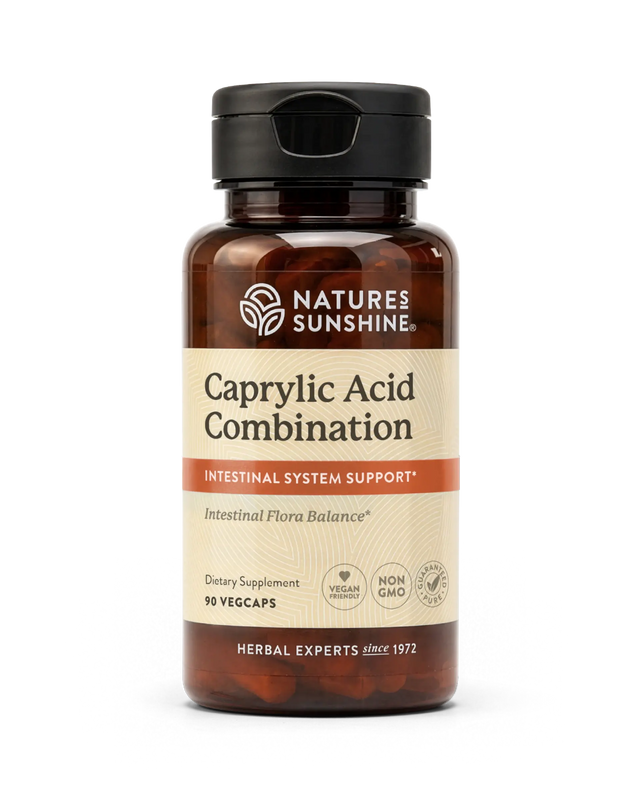 Nature's Sunshine Caprylic Acid Combination dietary supplement bottle, containing 90 vegcaps, on a clean white background.