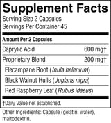 A black-and-white Supplement Facts label showing serving size 2 capsules and a proprietary blend with listed ingredients including caprylic acid, elecampane root, black walnut hulls, and red raspberry leaf.