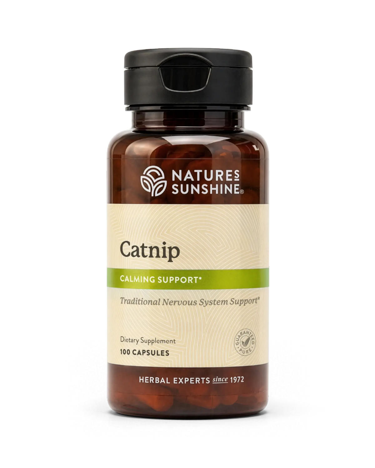 A bottle of Natures Sunshine Catnip dietary supplement with a black cap and amber-brown bottle, featuring a beige and green label, on a white background.