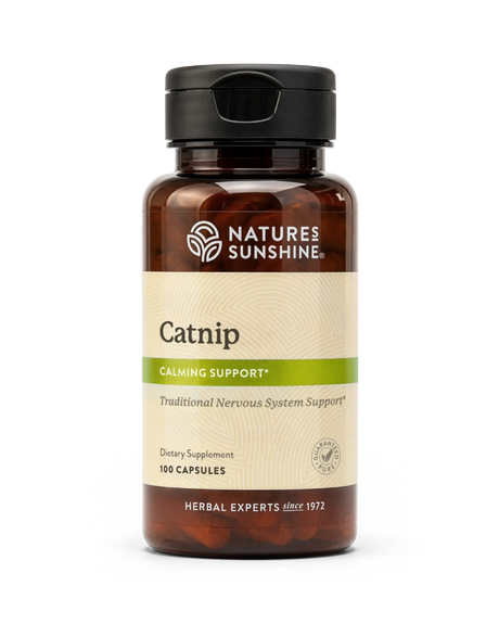 A bottle of Natures Sunshine Catnip dietary supplement with a black cap and amber-brown bottle, featuring a beige and green label, on a white background.