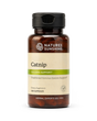 A bottle of Natures Sunshine Catnip dietary supplement with a black cap and amber-brown bottle, featuring a beige and green label, on a white background.