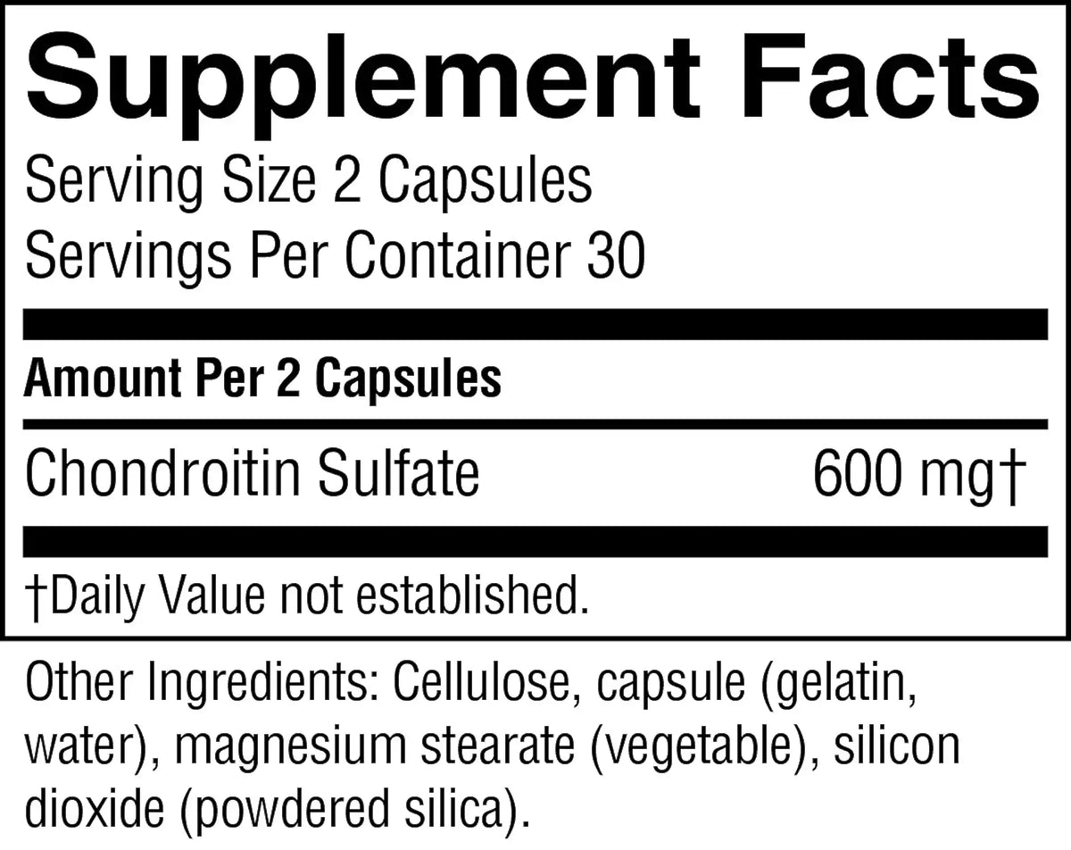 A close-up of a supplement facts label showing Chondroitin Sulfate 600 mg, with serving size 2 capsules and a list of other ingredients including cellulose, gelatin, magnesium stearate, and silicon dioxide.