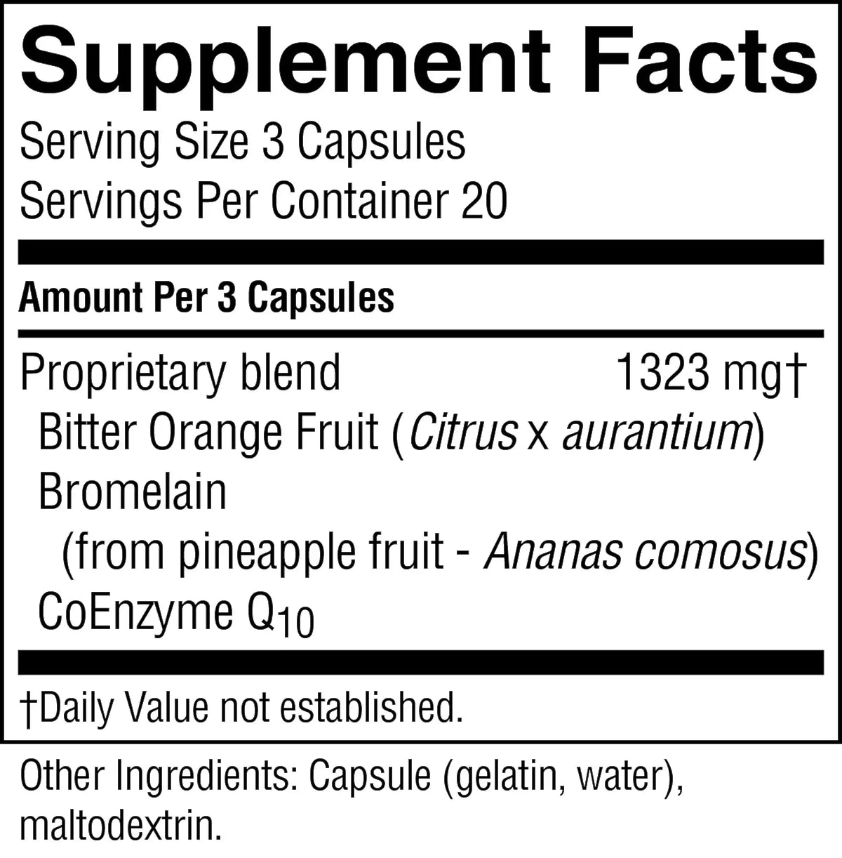 A close-up of a supplement facts label showing serving size 3 capsules, servings per container 20, and a proprietary blend with bitter orange fruit, bromelain, and CoEnzyme Q10.