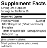 A close-up of a supplement facts label showing serving size 3 capsules, servings per container 20, and a proprietary blend with bitter orange fruit, bromelain, and CoEnzyme Q10.