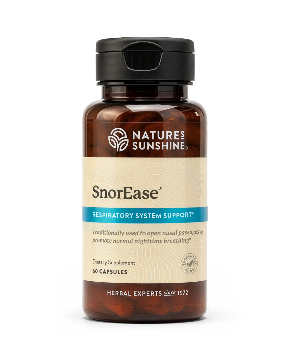 A bottle of Natures Sunshine SnorEase Respiratory System Support dietary supplement, containing 60 capsules, on a clean white background.