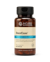 A bottle of Natures Sunshine SnorEase Respiratory System Support dietary supplement, containing 60 capsules, on a clean white background.