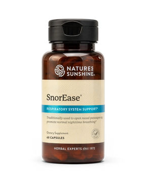 A bottle of Natures Sunshine SnorEase Respiratory System Support dietary supplement, containing 60 capsules, on a clean white background.