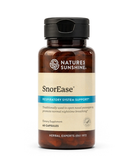 A bottle of Natures Sunshine SnorEase Respiratory System Support dietary supplement, containing 60 capsules, on a clean white background.