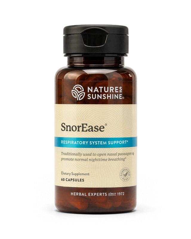 A bottle of Natures Sunshine SnorEase Respiratory System Support dietary supplement, containing 60 capsules, on a clean white background.