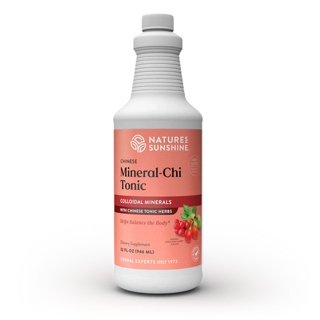 A 12 fl oz white bottle of Nature's Sunshine Chinese Mineral-Chi Tonic with a coral pink label, shown on a clean white background.