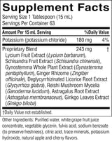 A close-up of a supplement facts label showing a supplement blend with potassium content and a list of ingredients including Lycium Fruit Extract, Schisandra Fruit Extract, Gynostemma Whole Plant Extract, Ginger Rhizome, and Reishi Mushroom Mycelia.