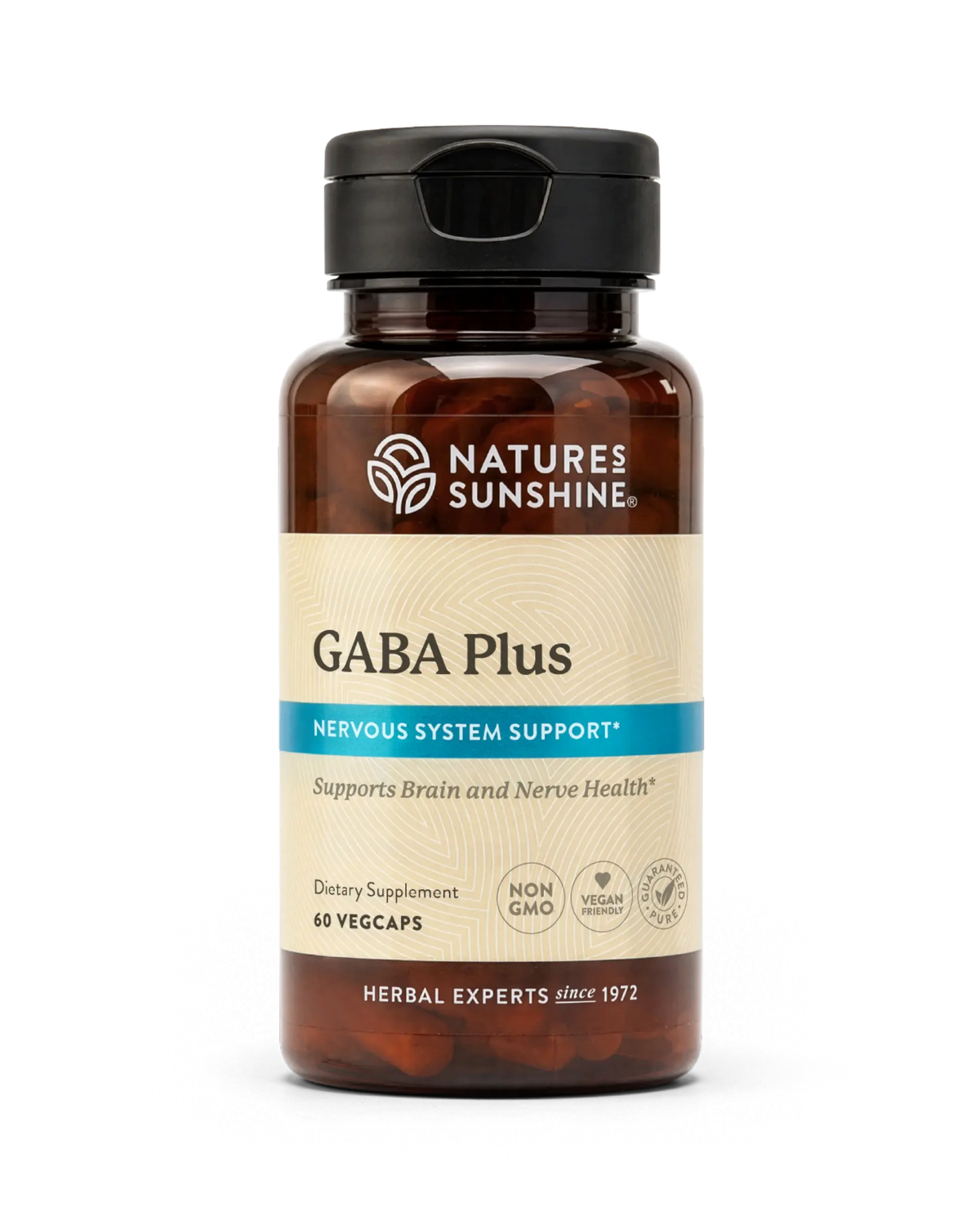 A bottle of Nature's Sunshine GABA Plus dietary supplement with a black cap and a beige label, shown on a clean white background.