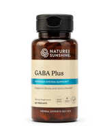 A bottle of Nature's Sunshine GABA Plus dietary supplement with a black cap and a beige label, shown on a clean white background.