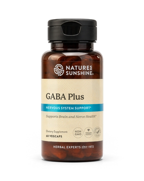 A bottle of Nature's Sunshine GABA Plus dietary supplement with a black cap and a beige label, shown on a clean white background.