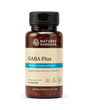 A bottle of Nature's Sunshine GABA Plus dietary supplement with a black cap and a beige label, shown on a clean white background.