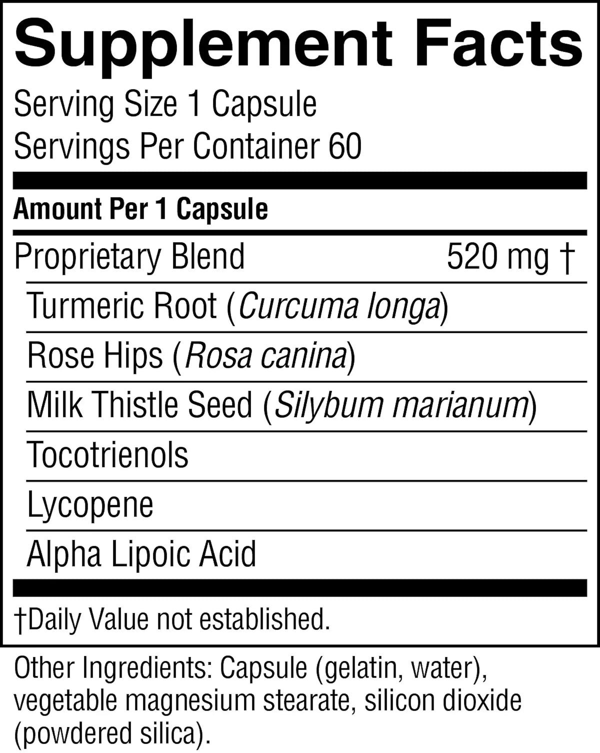 A close-up of a supplement facts label showing a proprietary blend of 520 mg, with listed ingredients including Turmeric Root, Rose Hips, Milk Thistle Seed, Tocotrienols, Lycopene, and Alpha Lipoic Acid.