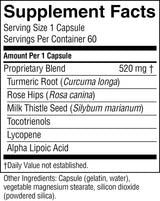 A close-up of a supplement facts label showing a proprietary blend of 520 mg, with listed ingredients including Turmeric Root, Rose Hips, Milk Thistle Seed, Tocotrienols, Lycopene, and Alpha Lipoic Acid.