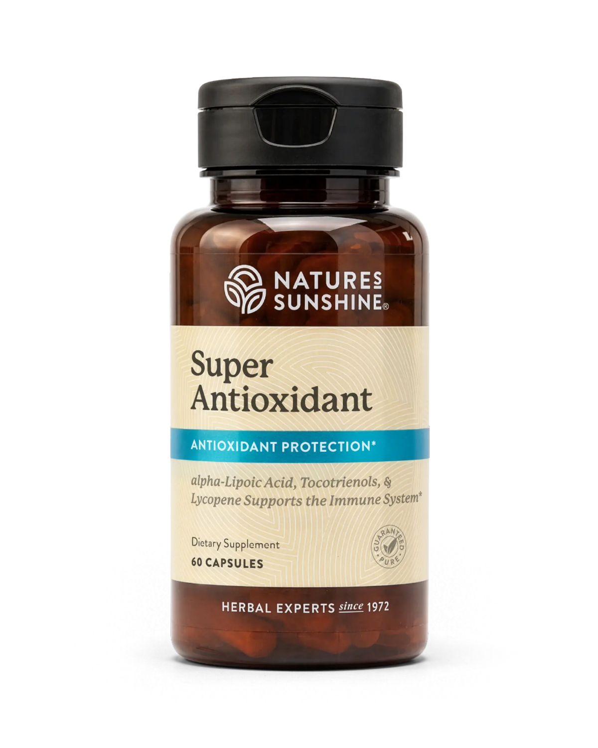 A bottle of Nature's Sunshine Super Antioxidant dietary supplement, featuring an amber brown bottle, a black cap, and a beige label with blue accents.