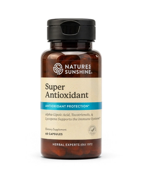 A bottle of Nature's Sunshine Super Antioxidant dietary supplement, featuring an amber brown bottle, a black cap, and a beige label with blue accents.