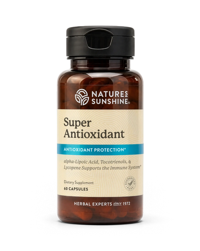 A bottle of Nature's Sunshine Super Antioxidant dietary supplement, featuring an amber brown bottle, a black cap, and a beige label with blue accents.