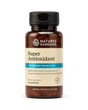 A bottle of Nature's Sunshine Super Antioxidant dietary supplement, featuring an amber brown bottle, a black cap, and a beige label with blue accents.
