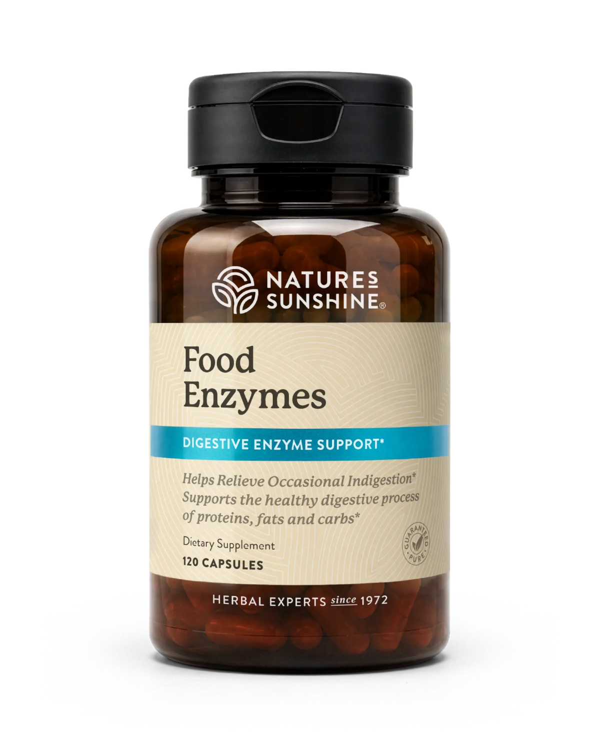 A bottle of Nature's Sunshine Food Enzymes dietary supplement, containing 120 capsules, on a clean white background.