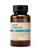 A bottle of Nature's Sunshine Food Enzymes dietary supplement, containing 120 capsules, on a clean white background.