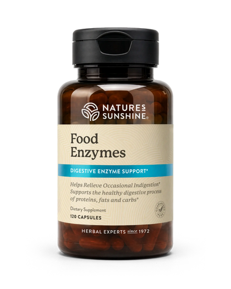 A bottle of Nature's Sunshine Food Enzymes dietary supplement, containing 120 capsules, on a clean white background.