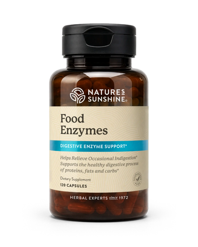 A bottle of Nature's Sunshine Food Enzymes dietary supplement, containing 120 capsules, on a clean white background.