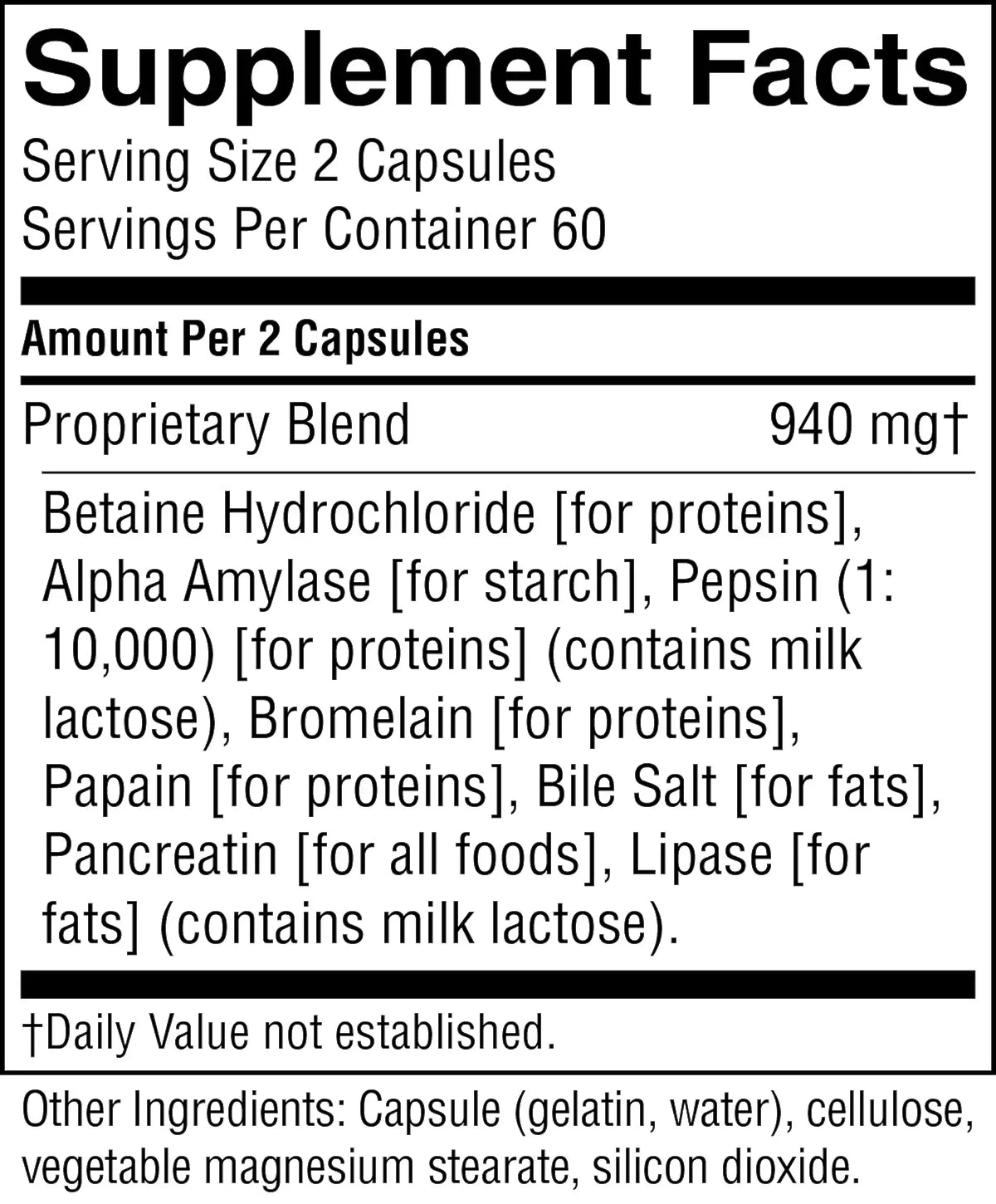 A close-up of a supplement facts label showing the 'Proprietary Blend' amount of 940 mg and a list of included ingredients such as Betaine Hydrochloride, Alpha Amylase, and Pepsin.