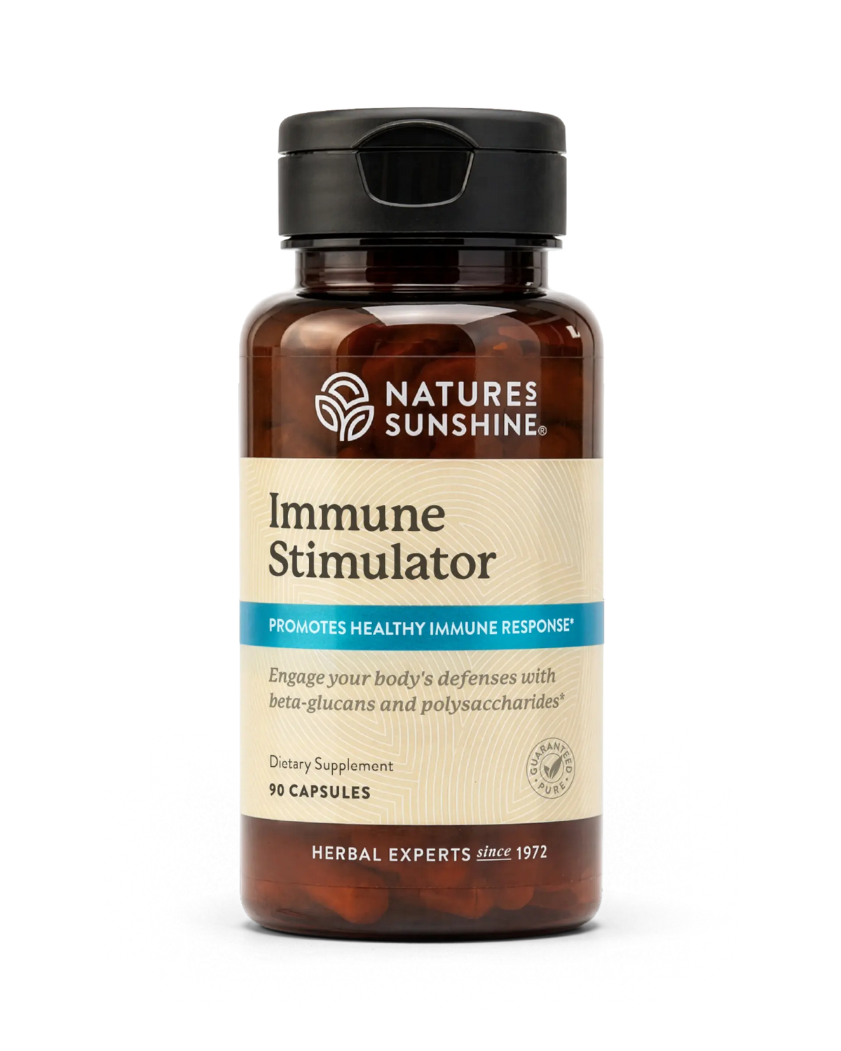 A bottle of Nature's Sunshine Immune Stimulator dietary supplement, featuring an amber brown bottle, beige label, and black cap, set against a plain white background.