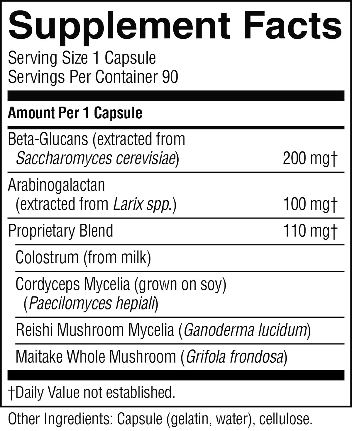 A black-and-white Supplement Facts label showing a supplement bottle's ingredient information, including Beta-Glucans, Arabinogalactan, Proprietary Blend, Colostrum, Cordyceps Mycelia, Reishi Mushroom Mycelia, and Maitake Whole Mushroom.