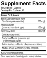 A black-and-white Supplement Facts label showing a supplement bottle's ingredient information, including Beta-Glucans, Arabinogalactan, Proprietary Blend, Colostrum, Cordyceps Mycelia, Reishi Mushroom Mycelia, and Maitake Whole Mushroom.