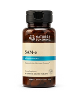Nature's Sunshine SAM-e dietary supplement bottle with amber brown plastic, a black cap, and a beige label with a blue accent band, shown on a white background.