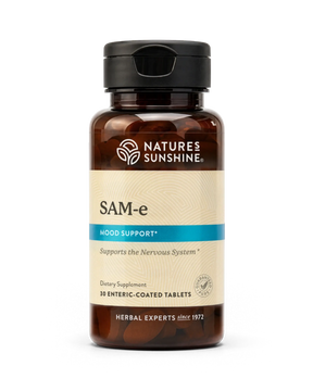 Nature's Sunshine SAM-e dietary supplement bottle with amber brown plastic, a black cap, and a beige label with a blue accent band, shown on a white background.