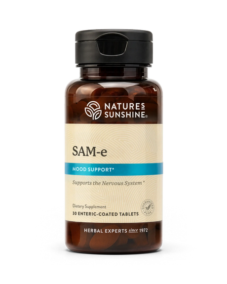 Nature's Sunshine SAM-e dietary supplement bottle with amber brown plastic, a black cap, and a beige label with a blue accent band, shown on a white background.