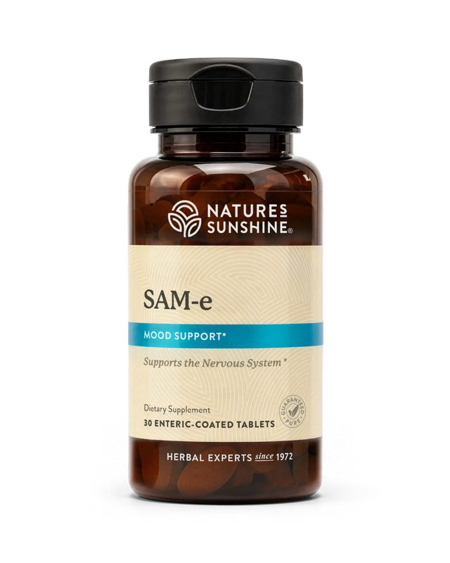 Nature's Sunshine SAM-e dietary supplement bottle with amber brown plastic, a black cap, and a beige label with a blue accent band, shown on a white background.