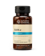 Nature's Sunshine SAM-e dietary supplement bottle with amber brown plastic, a black cap, and a beige label with a blue accent band, shown on a white background.