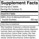 A Supplement Facts label showing the active ingredient SAM-e from S-Adenosylmethionine Tosylate Disulfate at 400 mg, along with other ingredients and serving size information.