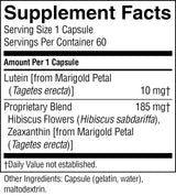 A close-up of a supplement facts label showing text for a capsule-based product. The label reads 'Supplement Facts,' 'Serving Size 1 Capsule,' 'Servings Per Container 60,' and lists ingredients including Lutein from Marigold Petal, a proprietary blend of 185 mg/t, Hibiscus Flowers, and Zeaxanthin from Marigold Petal, with other ingredients listed at the bottom.