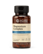 Nature's Sunshine Magnesium Complex dietary supplement bottle with a black cap and amber-brown plastic, containing 100 vegcaps, on a white background.