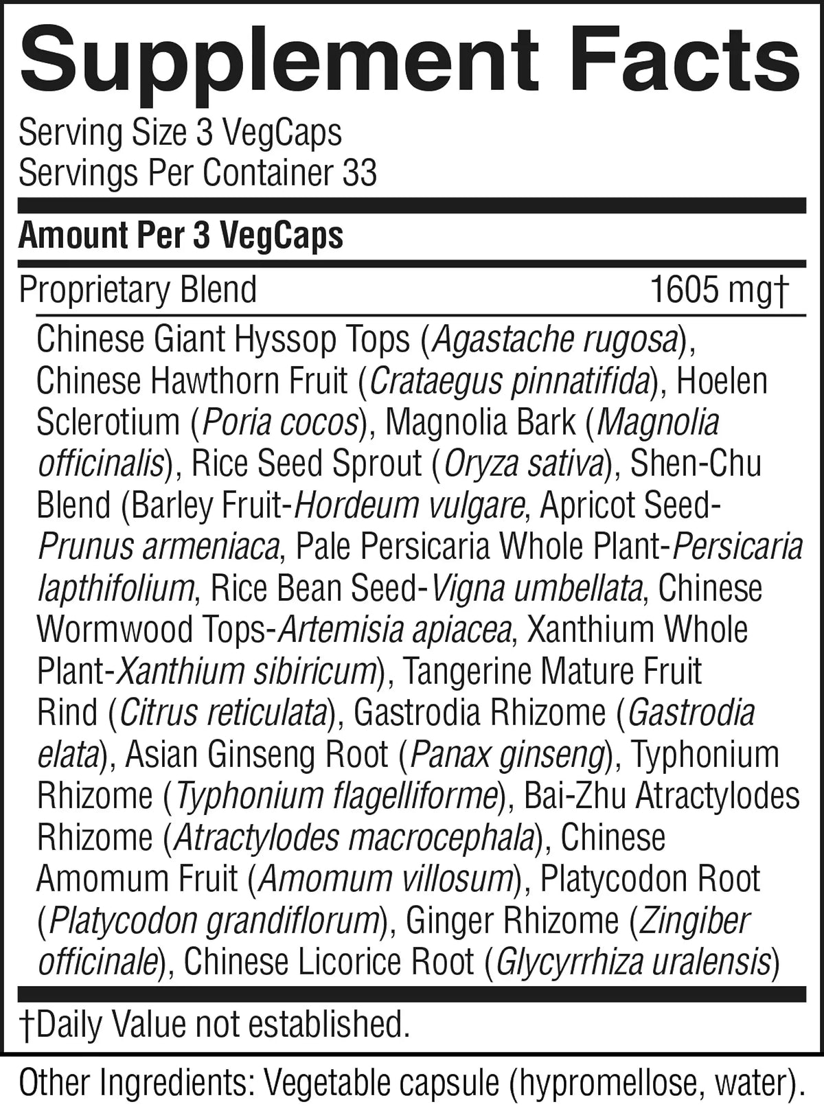 A close-up of a supplement facts label showing the Supplement Facts panel for a VegCaps product. The label lists serving size 3 VegCaps, servings per container 33, and a proprietary blend with 1605 mg.