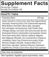 A black-and-white supplement facts label for VegCap showing the proprietary blend ingredients and 470 mg amount per serving.