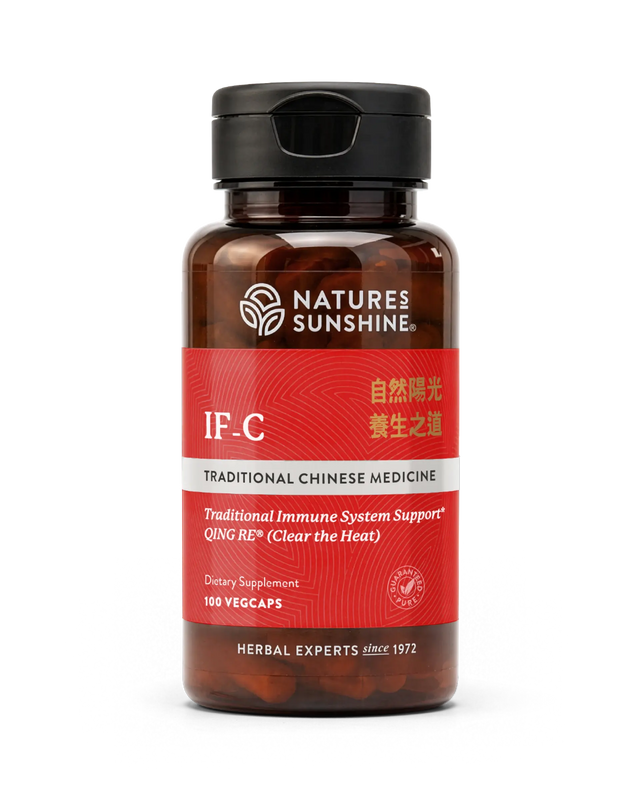A bottle of Natures Sunshine IF-C Traditional Chinese Medicine dietary supplement with a black cap and a red label, containing 160 vegcaps.