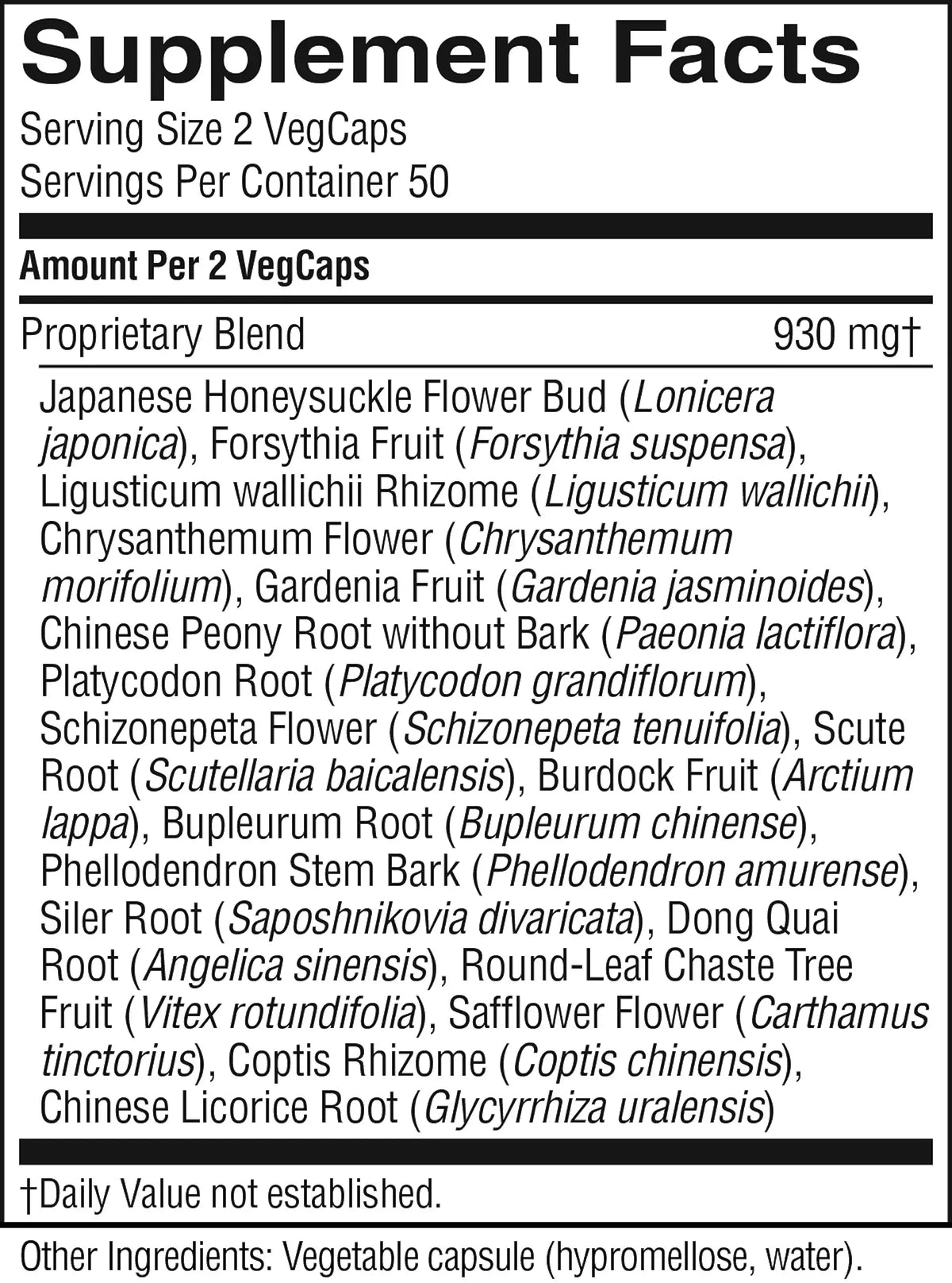 A close-up of a Supplement Facts label showing the proprietary blend ingredients and daily value information for VegCaps.