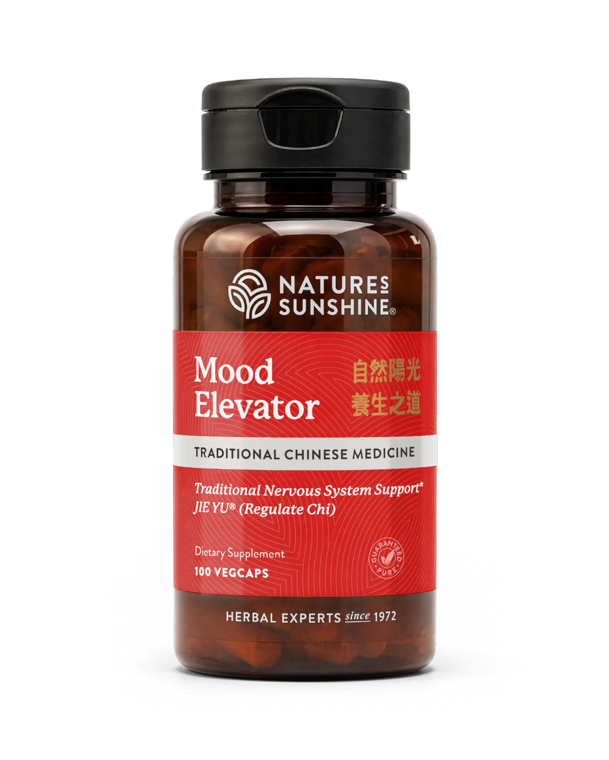 A bottle of Natures Sunshine Mood Elevator Traditional Chinese Medicine dietary supplement, featuring a dark amber bottle, black cap, and a red label with white and gold text.