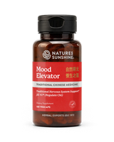 A bottle of Natures Sunshine Mood Elevator Traditional Chinese Medicine dietary supplement, featuring a dark amber bottle, black cap, and a red label with white and gold text.