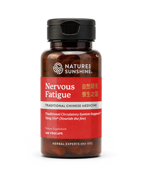 A bottle of Natures Sunshine Nervous Fatigue dietary supplement, featuring a dark amber bottle, black cap, and a red label with white and gold text.